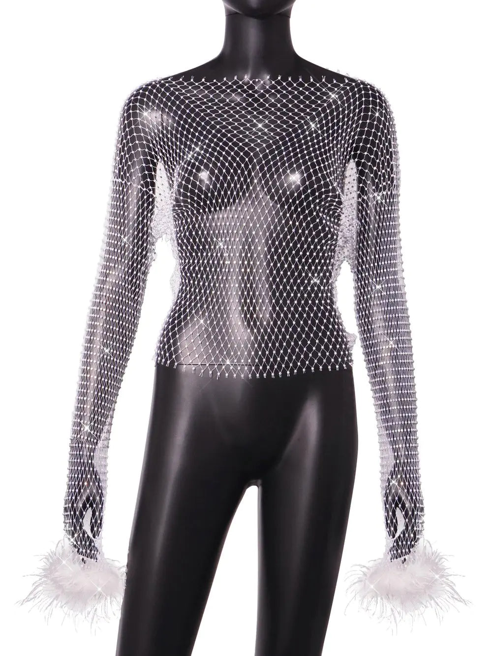 Rhinestone Mesh Hollow Out Long Sleeve Women's Top