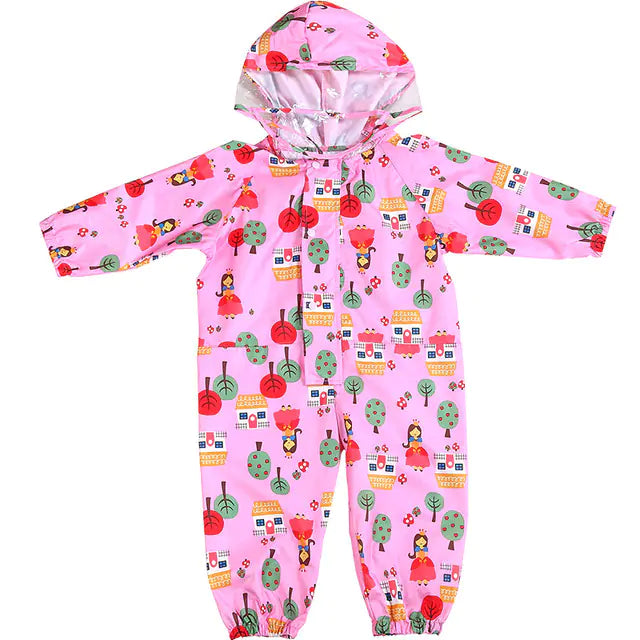 Kids Waterproof Hooded Cartoon Jumpsuit Raincoat