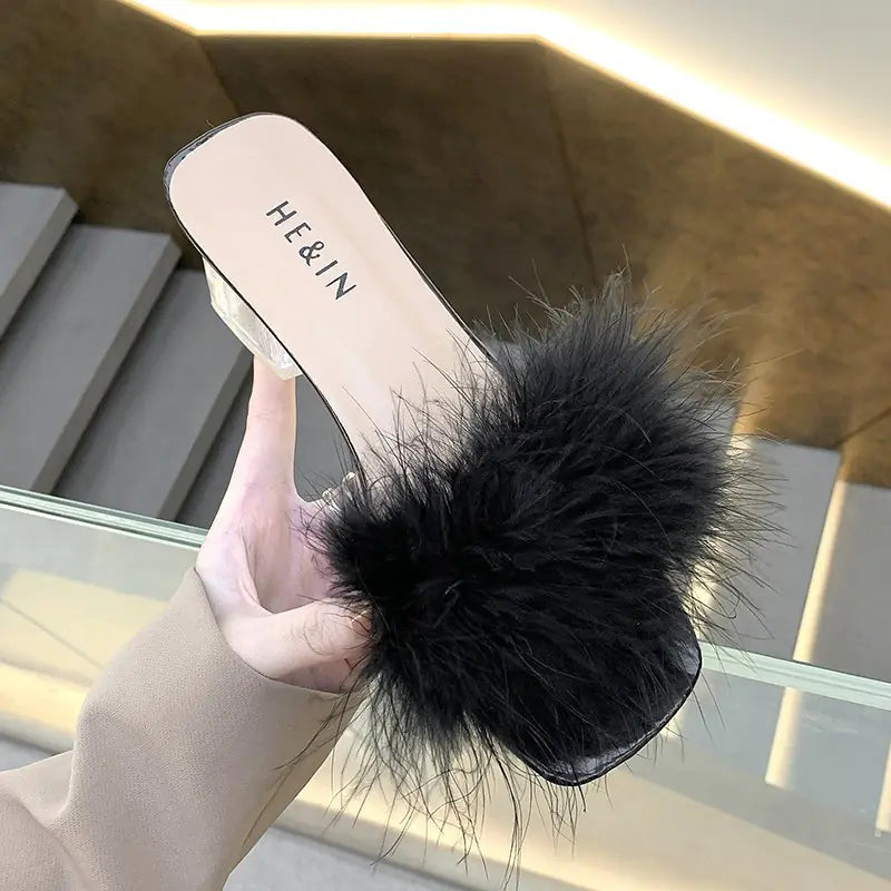 Furry Cool Thick Heel Half Drag Sandals