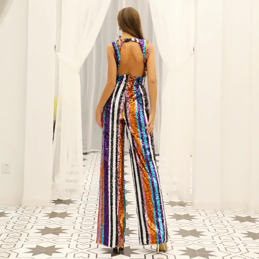 Sexy Deep V Striped Sequin Backless Jumpsuit