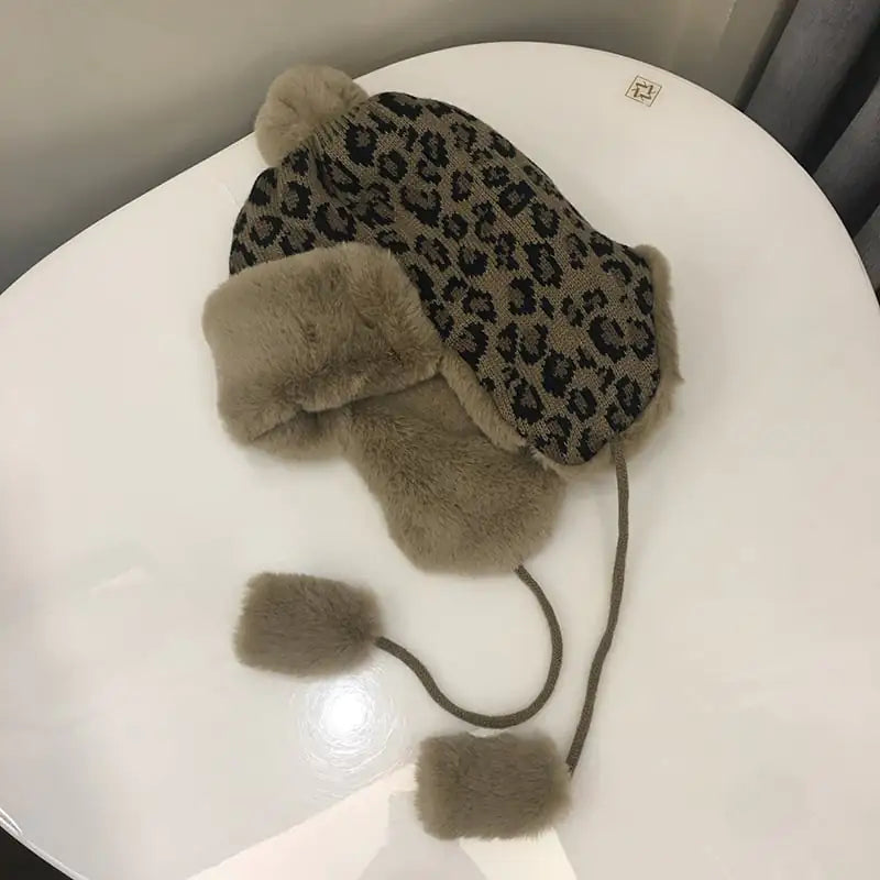 Leopard Print Knitted Earmuffs and Hat Set