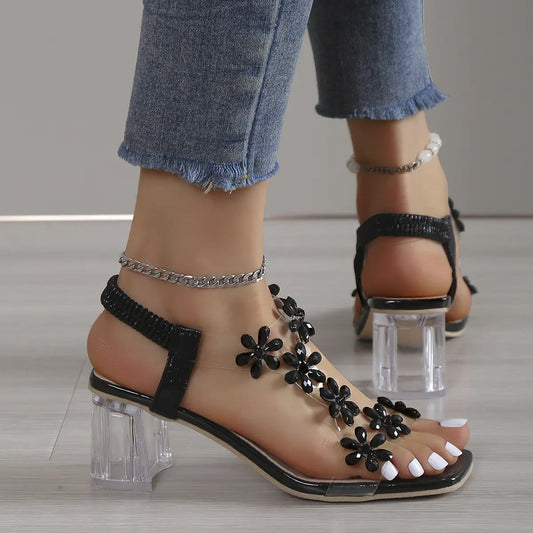 Summer Rhinestone Chunky Heel Sandals for Women
