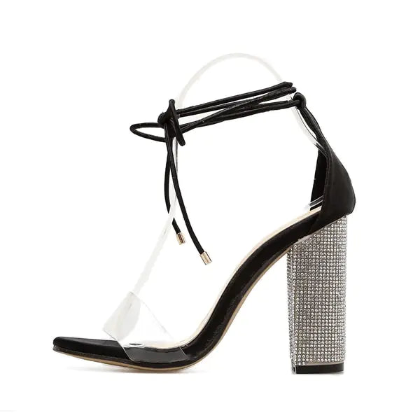 Clear Rhinestone Strap Chunky Heels for Women