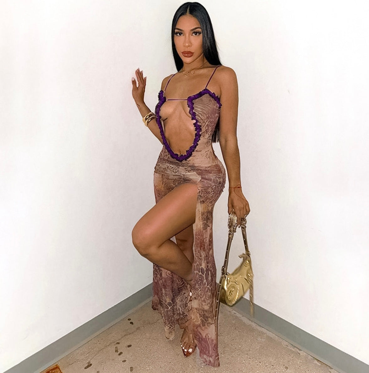 Halter High Split Maxi Dress with Sheer Mesh Detail