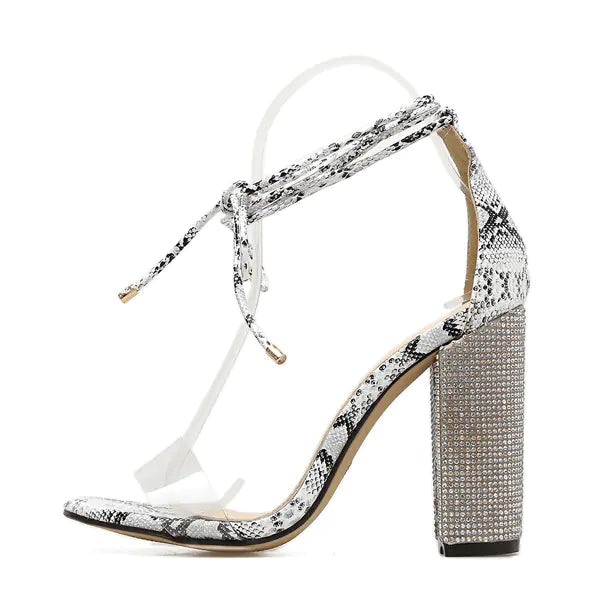 Clear Rhinestone Strap Chunky Heels for Women