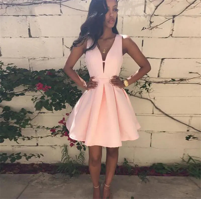 Backless Deep V Neck Sleeveless Fashion Dress in Pink