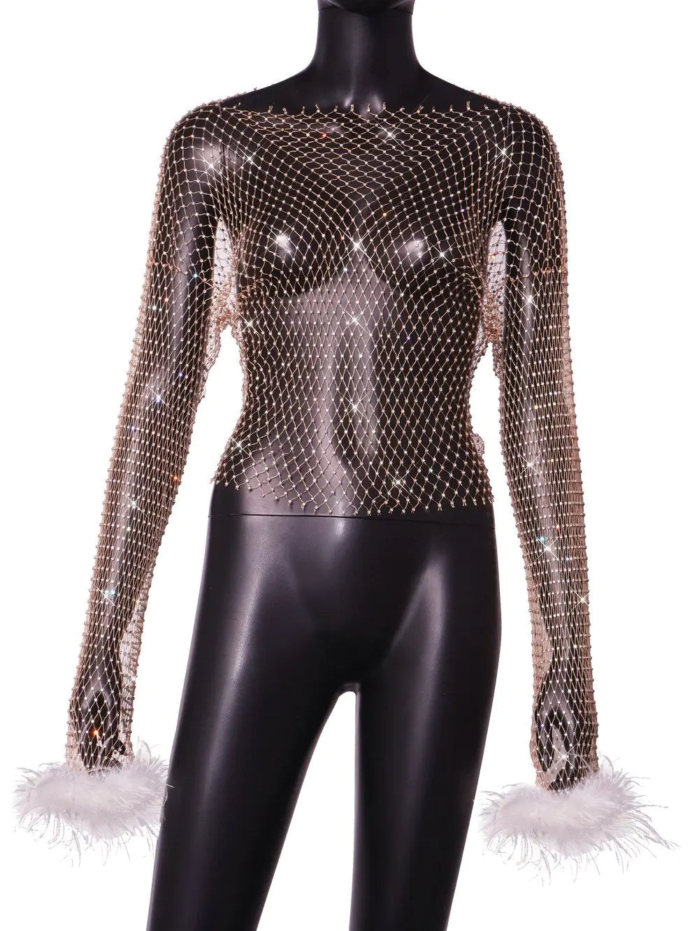 Rhinestone Mesh Hollow Out Long Sleeve Women's Top