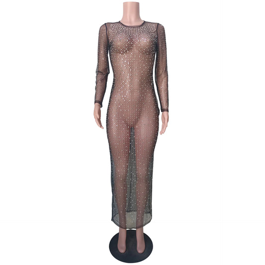 Sexy Rhinestone Mesh Long Sleeve Dress