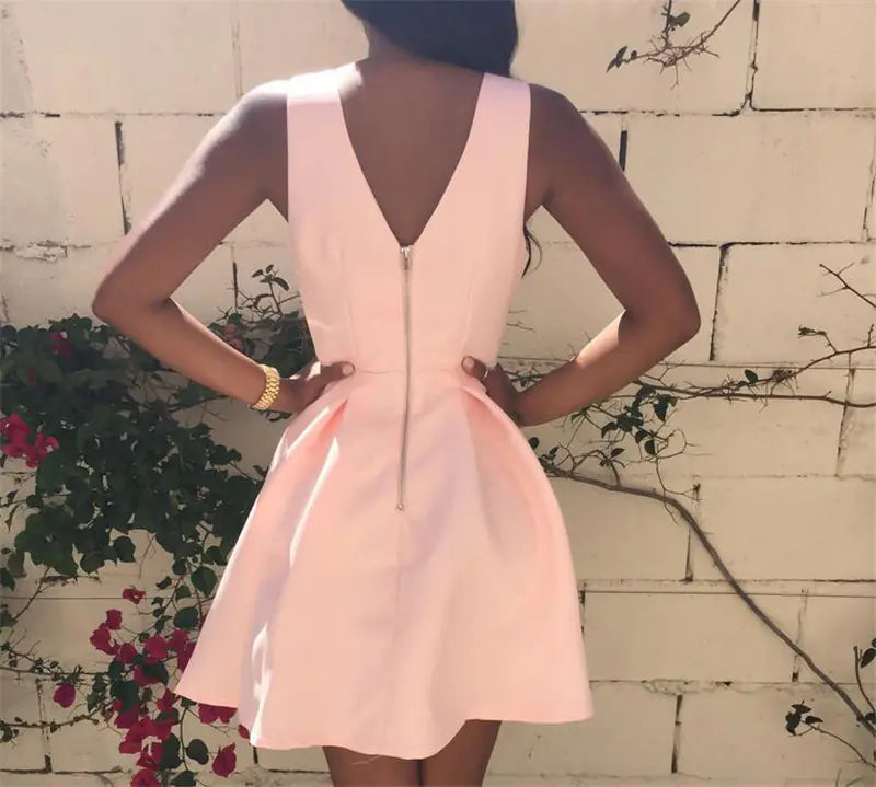Backless Deep V Neck Sleeveless Fashion Dress in Pink
