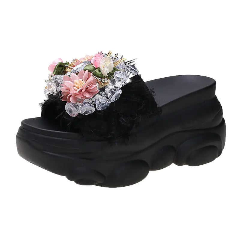 Cute Rhinestone Thick Bottom Flower Sandals for Women