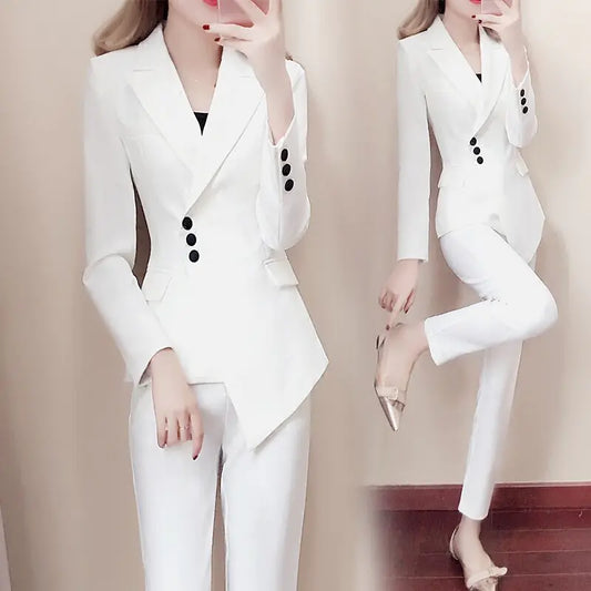 Chic White Asymmetrical Women's Suit Set for Fall/Winter