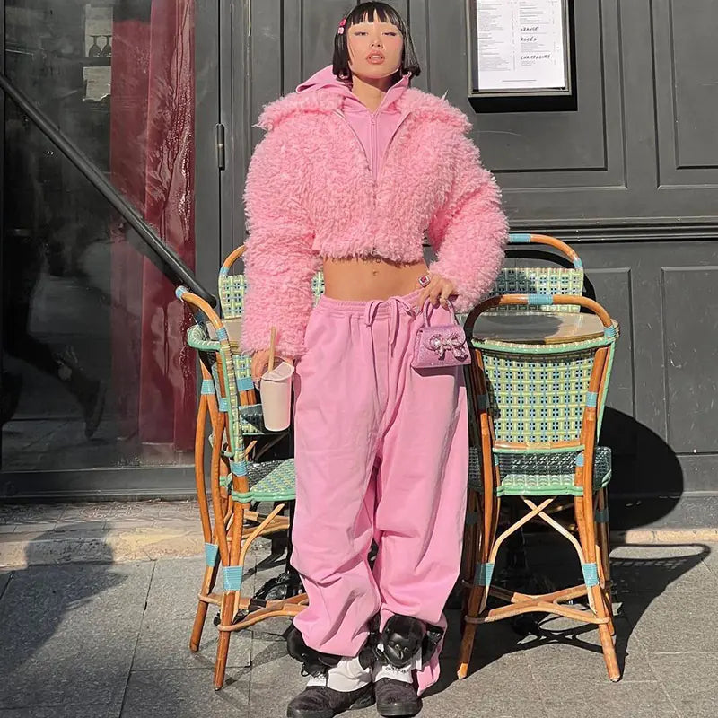 Pink Plush Thick Short Jacket for Women - Y2K Fashion