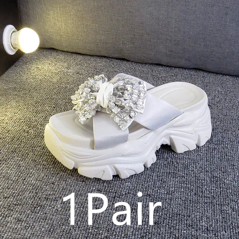 Rhinestone Bow Platform Slip-on Sandals for Women