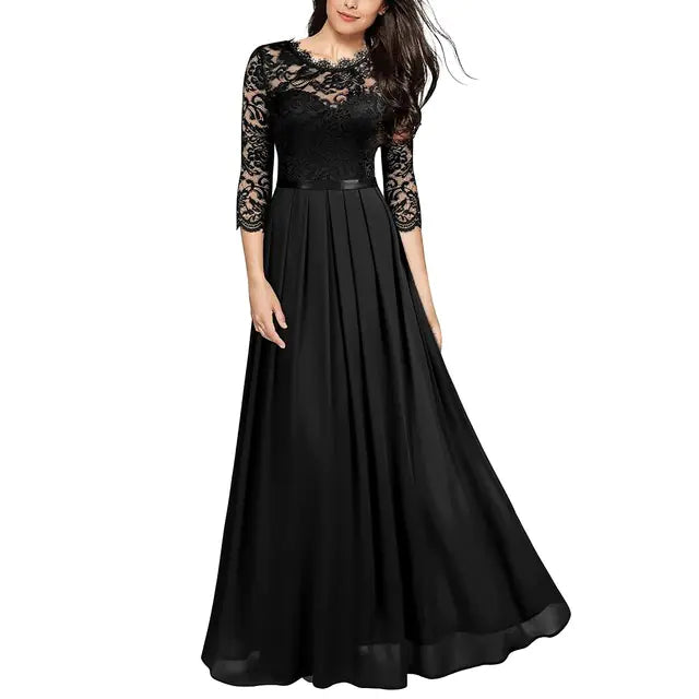 Chiffon Lace Evening Dress with Round Neck for Women