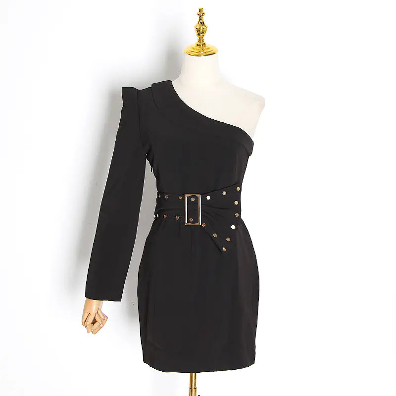 One-Shoulder Long Sleeve White Suit Dress with Bow