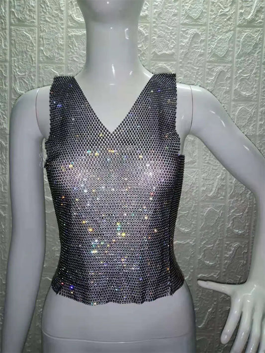 Women's Sexy Bustier Mesh Rhinestone Long Pants