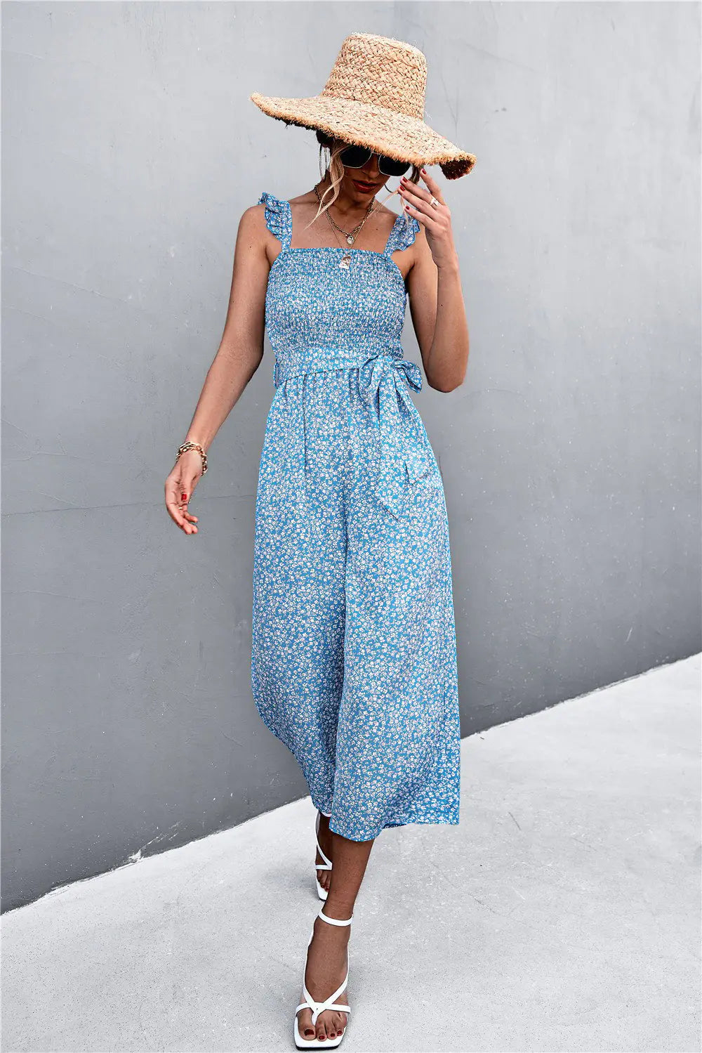 Floral Sleeve Jumpsuit with Flying Sleeves Belt