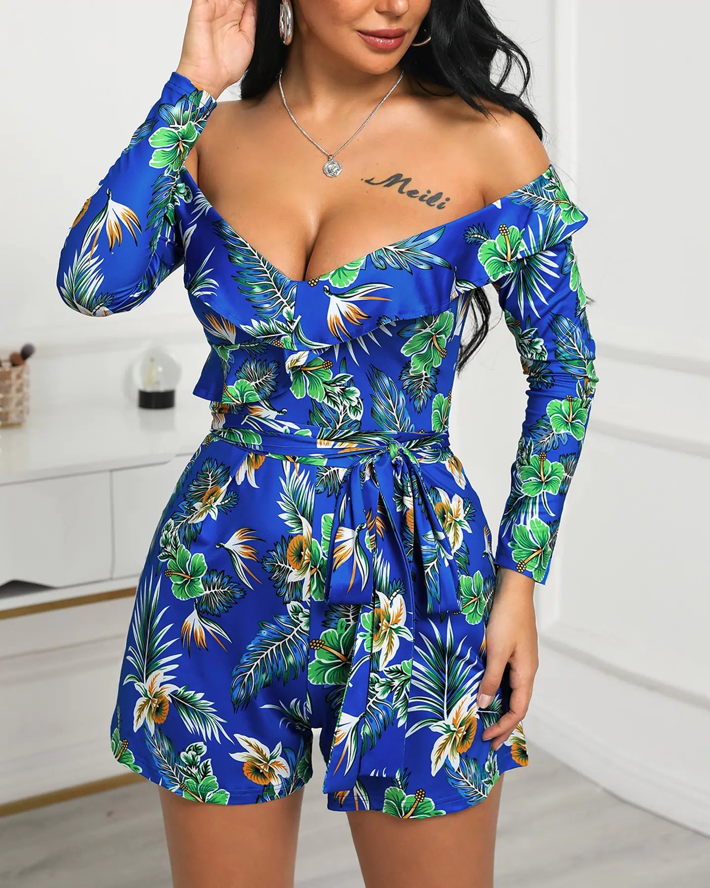 One-Shoulder Ruffle Floral Jumpsuit
