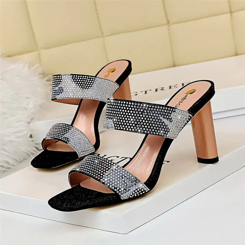 Trendy High Heel Rhinestone Slides