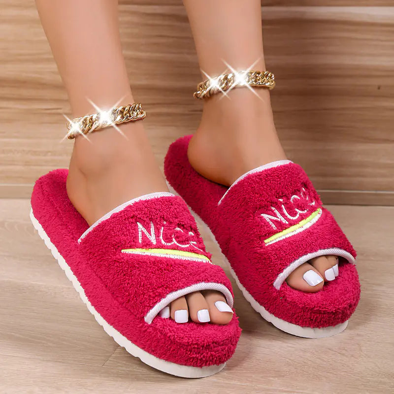 Furry Peep Toe House Slippers for Women Winter