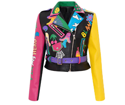 Trendy Color-blocked PU Leather Jacket for Women