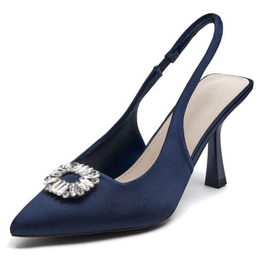 Womens Slingback Heels Rhinestone Closed Pointed Toe Wedding Party Dress Pumps Shoes Dark Blue