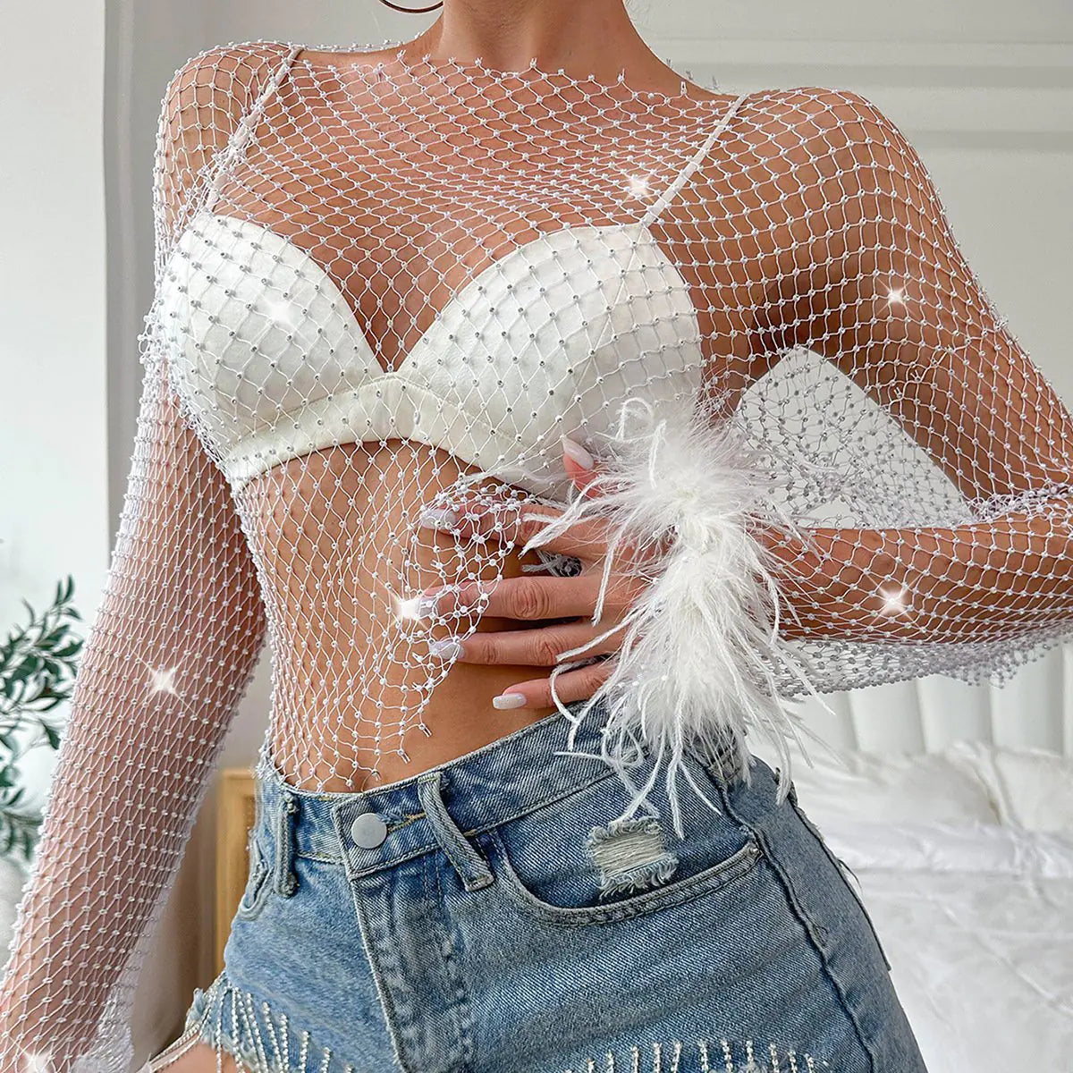 Rhinestone Mesh Hollow Out Long Sleeve Women's Top