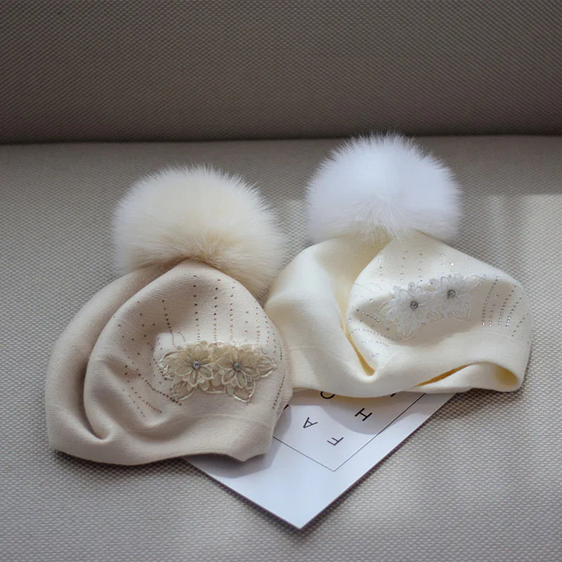 Double-Layer Rhinestone Flower Knitted Beret for Women