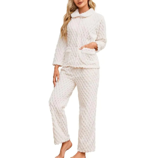 Womens Plush Pajama SetSoft Warm Fleece Pajama for Women Button-up Sleepwear Lounge Pjs（White 2XL）