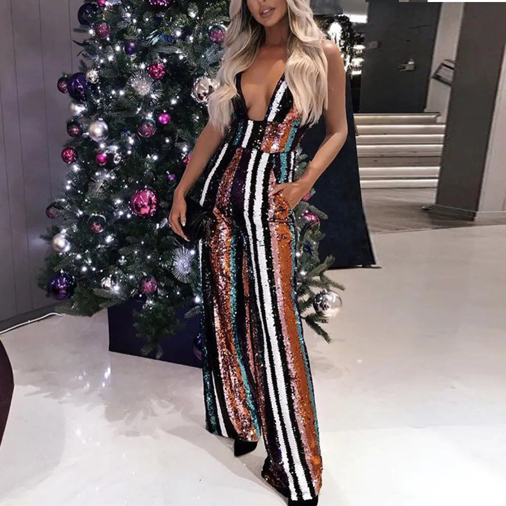 Sexy Deep V Striped Sequin Backless Jumpsuit