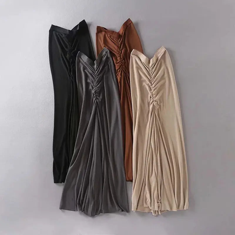 High Waist Pleated Elastic Waist Long Skirt