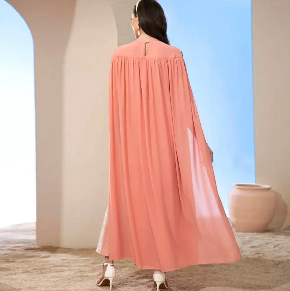 Mesh Embroidery Fashion Cloak Two-Piece Look Hijab Dress