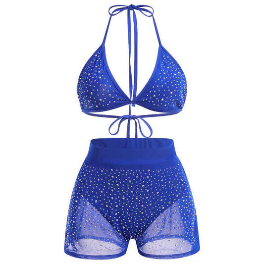 Womens Mesh Sheer Sparkle Rhinestone Bikini Sets Halter Bikini Bra Top High Waist Shorts Bottom Bathing Suit Rave Outfits Royal Blue Small
