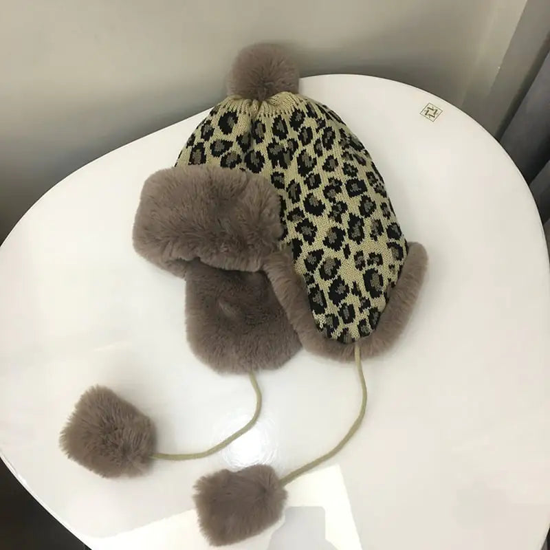 Leopard Print Knitted Earmuffs and Hat Set