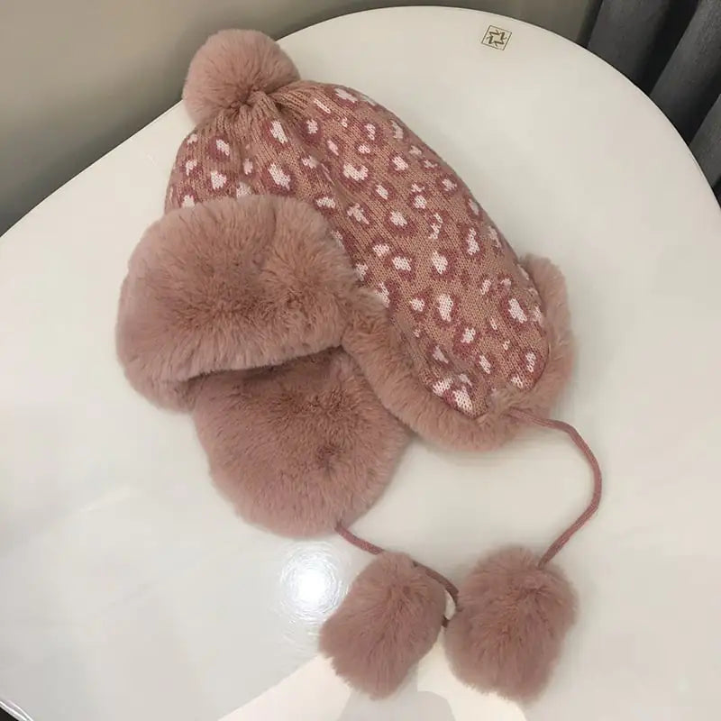Leopard Print Knitted Earmuffs and Hat Set