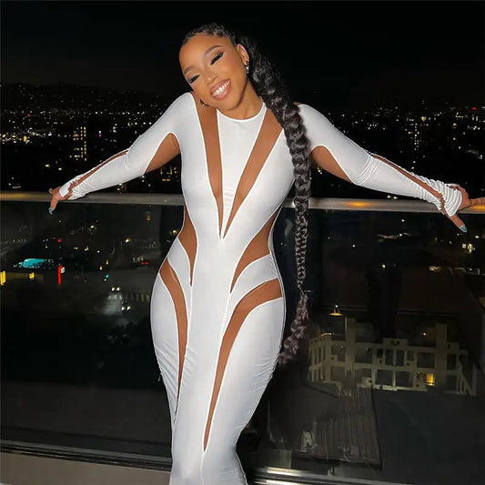 Elegant Slimming Solid Color Mesh Stitching Dress