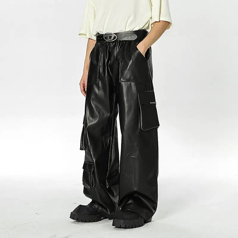Men's Retro Street Style Loose PU Leather Pants