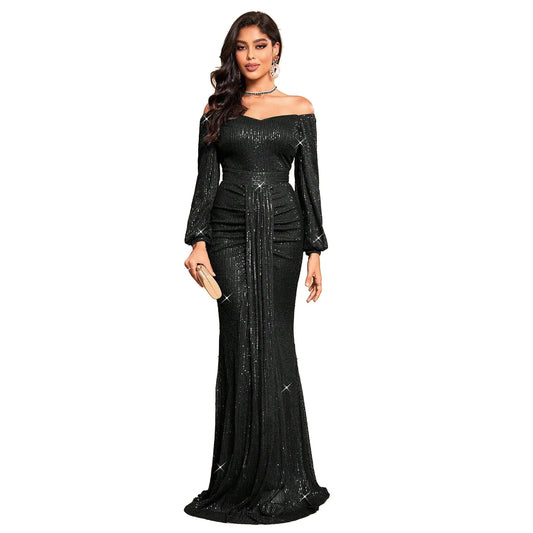 Womens Formal Sequin Bodycon Dresses One Shoulder Elegant Cocktail Party Maxi Dress Black