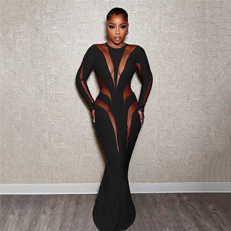 Elegant Slimming Solid Color Mesh Stitching Dress