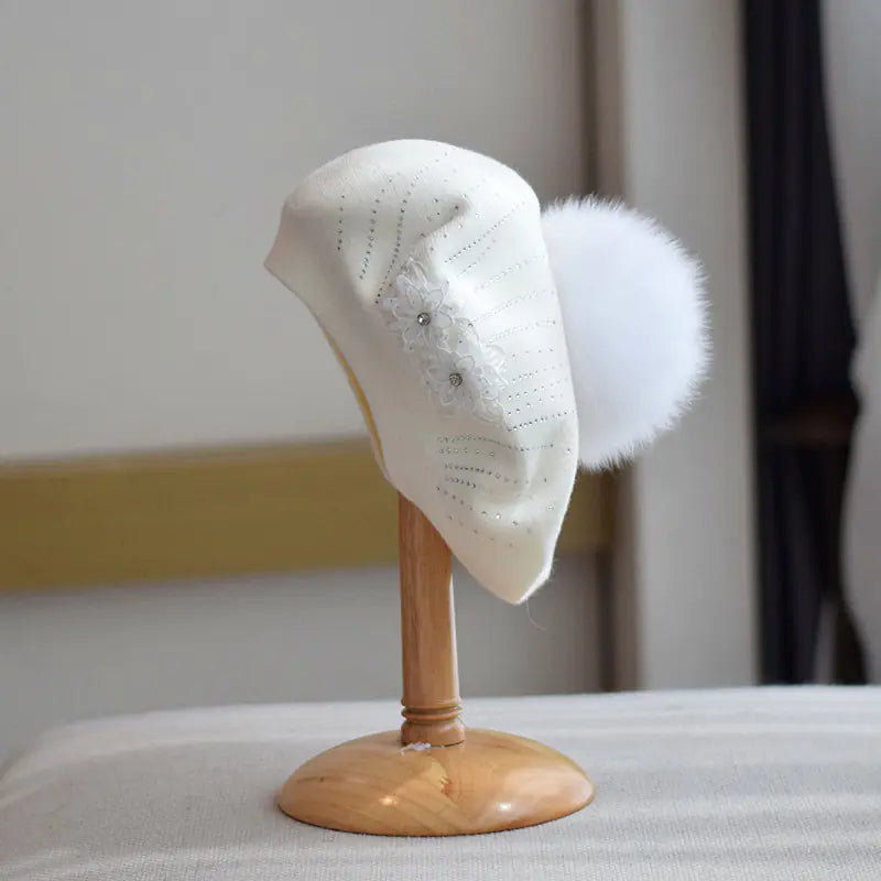 Double-Layer Rhinestone Flower Knitted Beret for Women