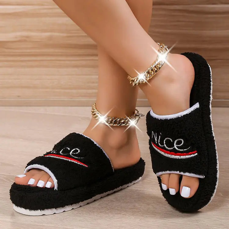 Furry Peep Toe House Slippers for Women Winter