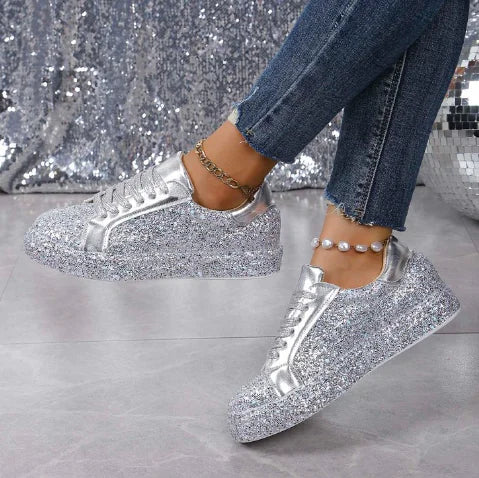 Women's Sequin Rhinestone Flat Sneakers in Red