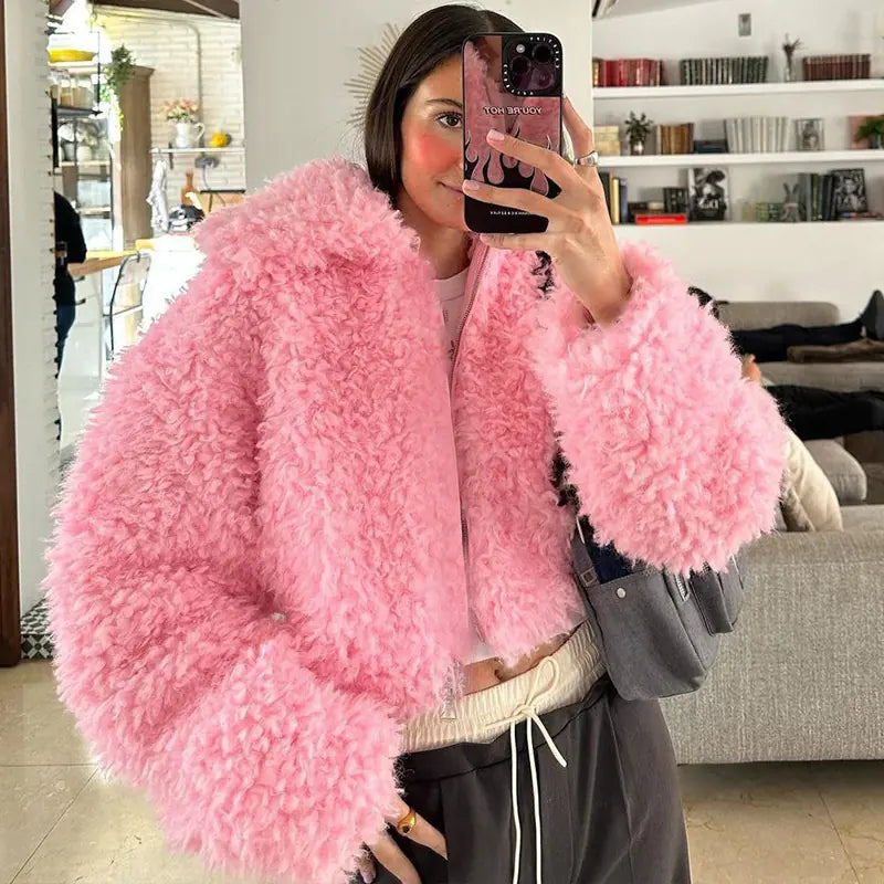 Pink Plush Thick Short Jacket for Women - Y2K Fashion