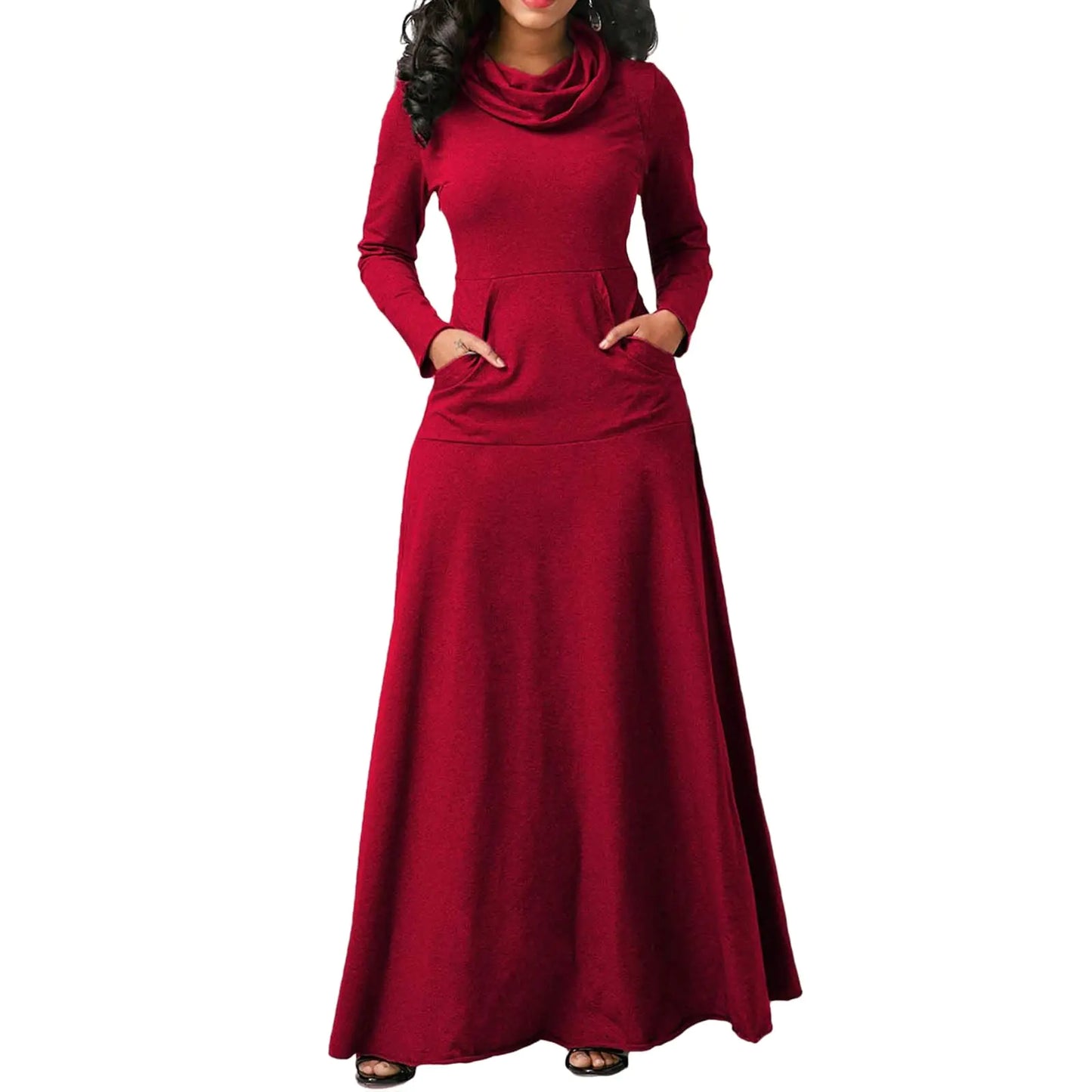 Womens Turtleneck Maxi Dress Casual Long Sleeve Fall Winter Elegant Solid Plus Size Swing Long Dresses with Pocket Red