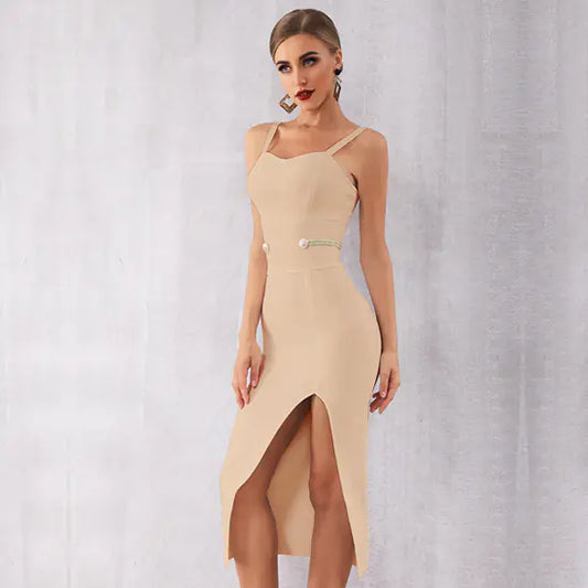 Bandage Dress with Sexy V-Neck and Slit Design