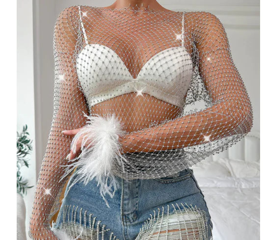 Rhinestone Mesh Hollow Out Long Sleeve Women's Top