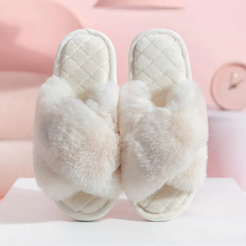 Furry Cross-Strap Slippers for Women - Plush Indoor Slides