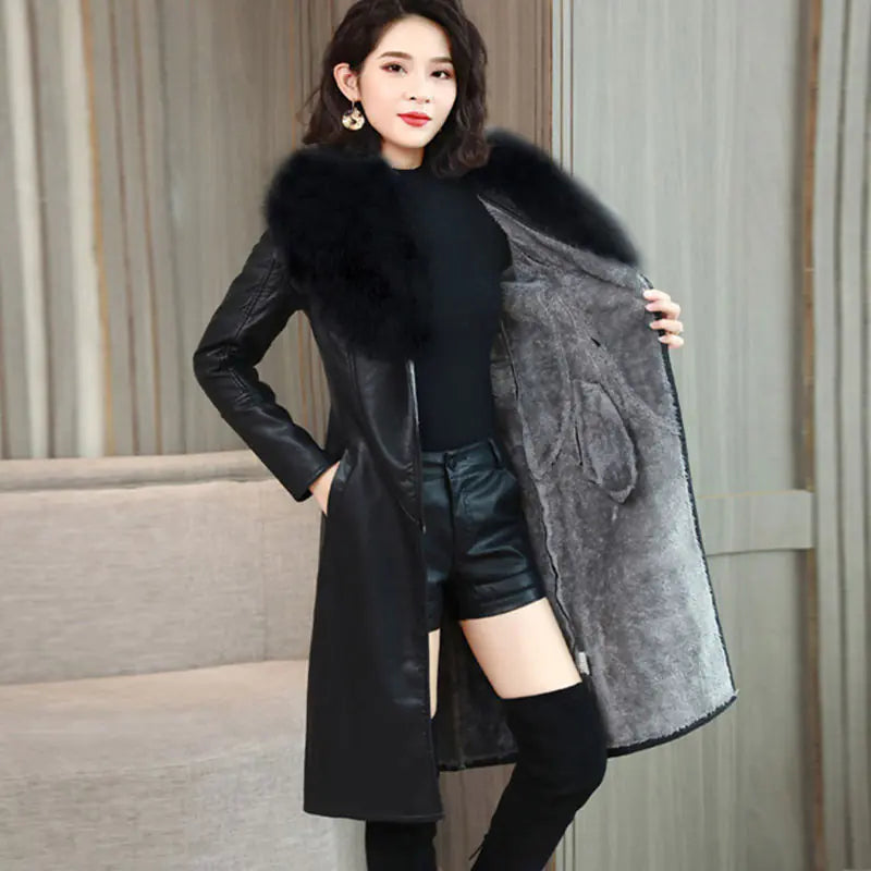 Faux Fur Collar PU Leather Jacket for Women
