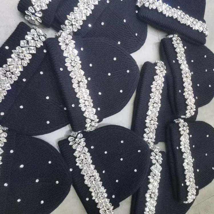 Japanese Style Hand-Stitched Rhinestone Knit Beanie