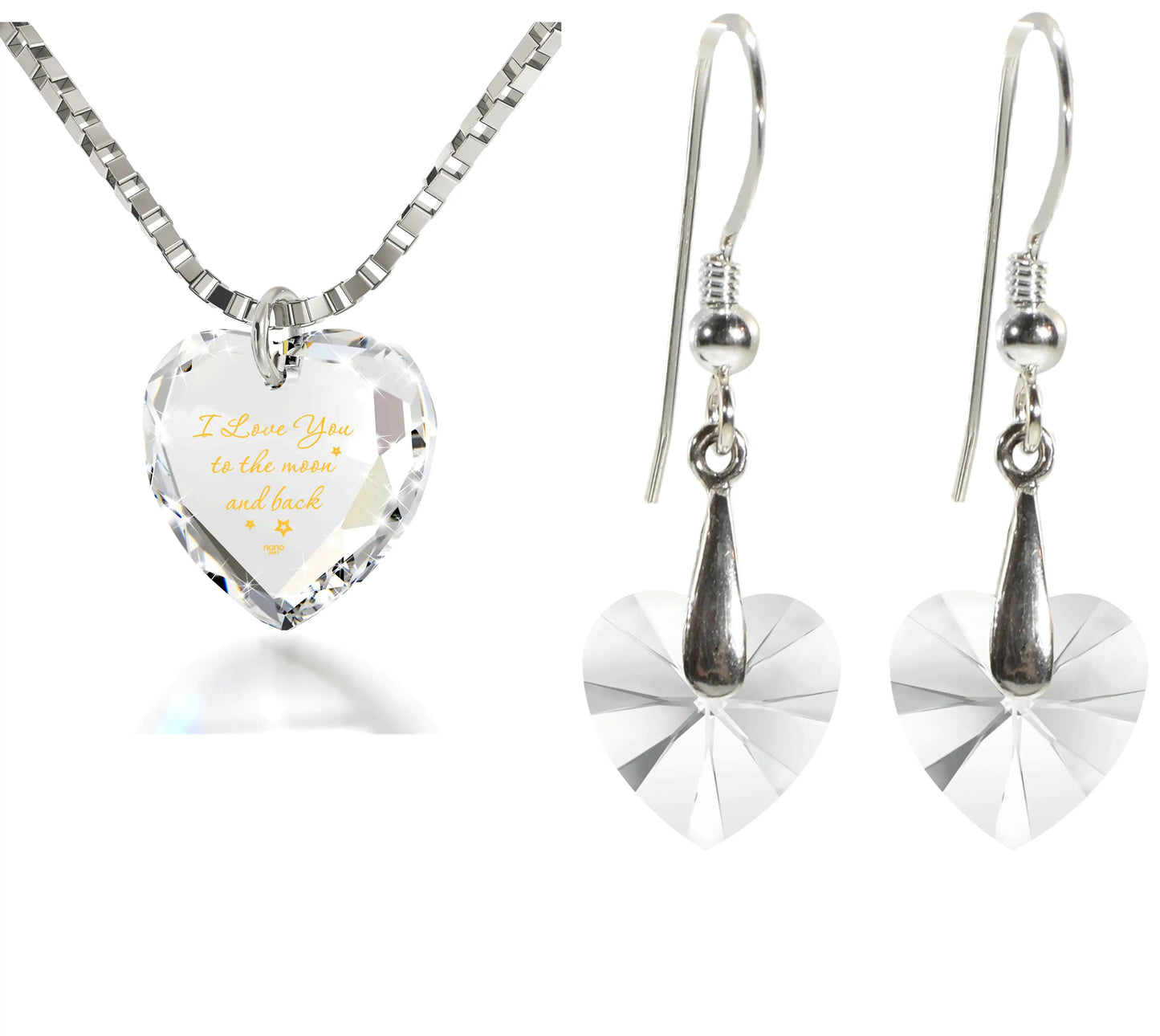 Tiny Heart Jewelry Set 24k Gold Inscribed I Love You to the Moon and Back Necklace and Drop Earrings